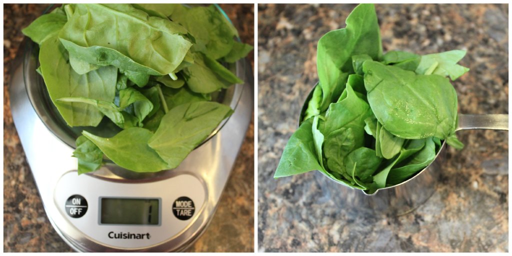 Fresh spinach sits on a kitchen scale to be weighed on the left. On the right the photo is of one measured cup of spinach. 