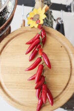 A lovely string of red peppers hangs from a pot rack drying for winter use.