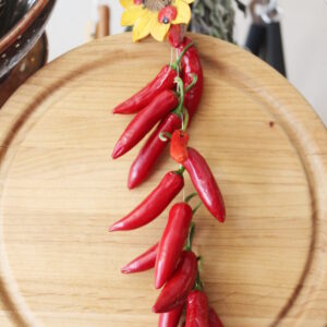 A lovely string of red peppers hangs from a pot rack drying for winter use.