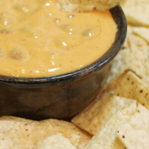 A pottery bowl full of chili con queso sits surrounded by chips. There is a chip stuck into the dip.