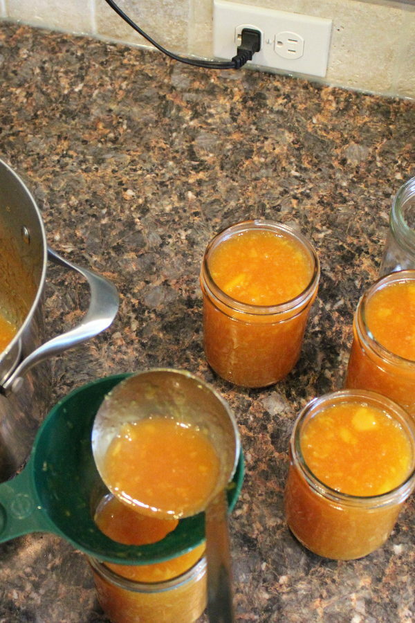 Mason Jar pints are on the counter being filled with peach jam.