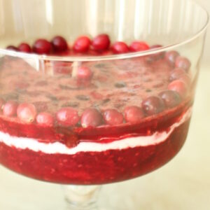 A large, clear trifle dish is half full of a cranberry jell-o salad. You can see beautiful ruby layers with cranberries, raspberries, and cherries. There is a layer of sour cream in the middle.