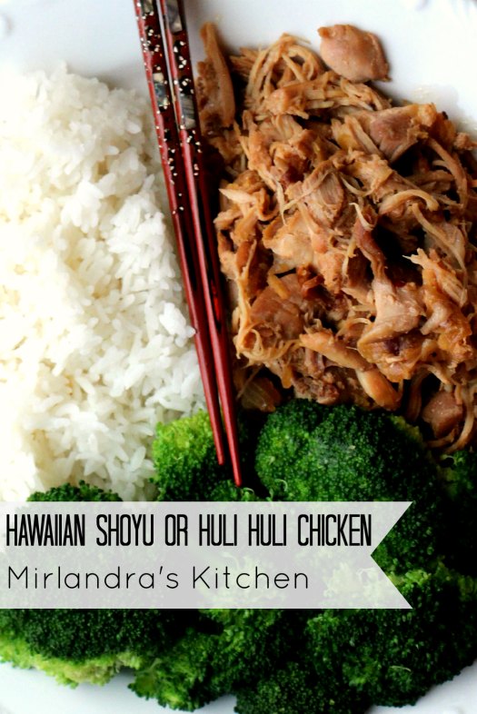 huli huli chicken with chopsticks, white rice and broccoli on a plate