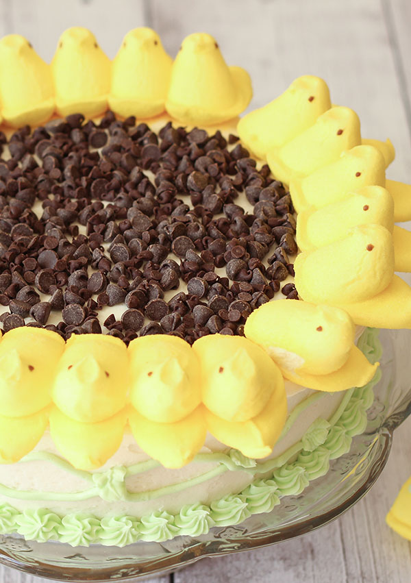 A peeps sunflower cake sits on a glass cake stand. The peeps are arranged around the edge of a white cake with chocolate chips in the center to look like a sunflower.