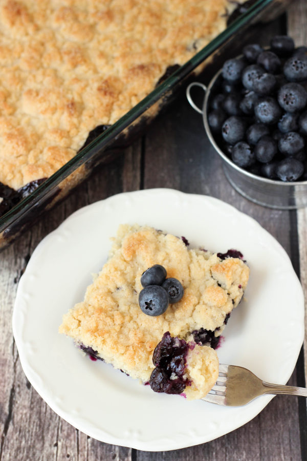 A white plate holds a big square of blueberry cobbler topped with a few fresh blueberries. In the background you see a cooked blueberry cobbler and a tin pail overflowing with blueberries!