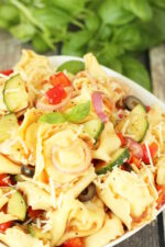 A big bowl of tortellini pasta salad sits ready to eat next to some fresh herbs. You can see big cheese filled tortellini, diced bell peppers, pieces of cucumber, and sliced olives. The salad is garnished with Parmesan cheese.