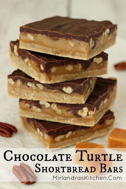 These decadent Chocolate Turtle Shortbread Bars are decadent to the extreme but not hard to put together. The bars are made from rich buttery shortbread and gooey caramel full of pecans or walnuts all slathered with a thick layer of chocolate. Am I speaking your language yet? You need a pan of these!
