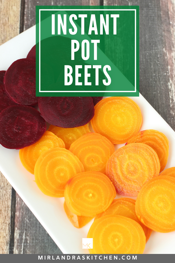 This is a white platter with slices of golden beets and purple beets. These tender beets were cooked in an instant pot.