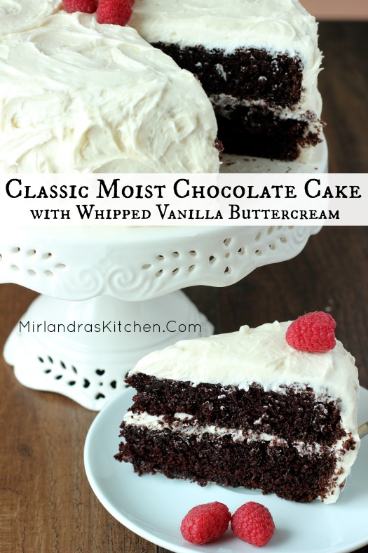 This chocolate cake is everything you want a classic chocolate cake to be: chocolaty, moist and decadent. Whipped vanilla buttercream is the cherry on top!