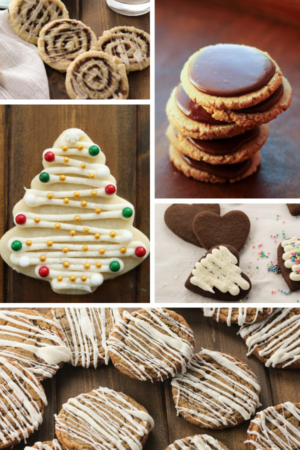 This image is five pictures of cookies assembled together. There are cinnamon roll sugar cookies, peanut butter cookies and chocolate frosting, a frosted cut out sugar cookie, chocolate cut out sugar cookies, and soft ginger cookies with icing.