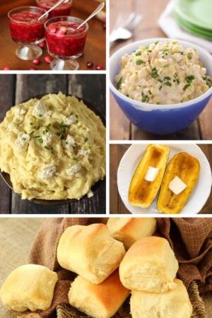 This is a collage image of thanksgiving side dishes. You can see cranberry raspberry relish, slow cooker creamed corn, golden mashed potatoes with cheese, roasted squash, and dinner rolls in a basket.
