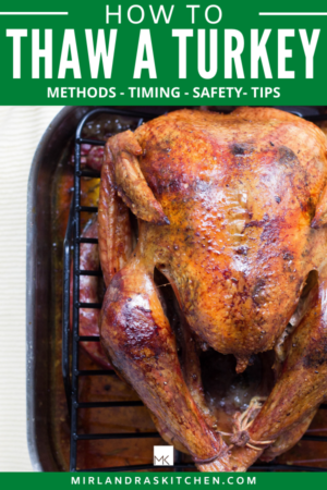 A large roasted turkey rests in a roasting rack. There is writing on the image for promotional purposes.
