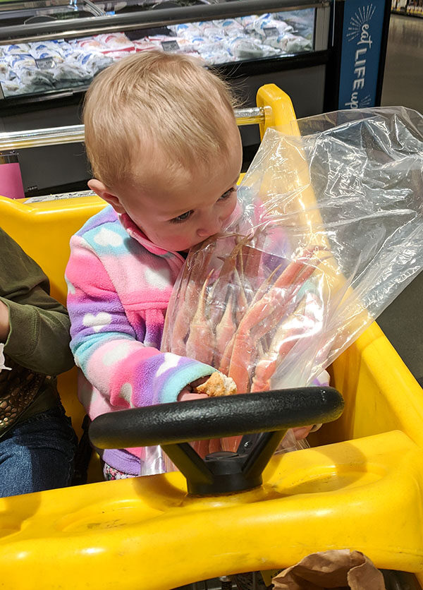 Our daughter (age 18 months) was so excited to get crab legs she tried to eat the frozen legs through the bag at the store!  