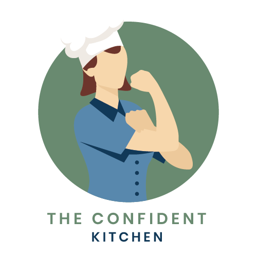 A woman in a chef hat and blue shirt flexing her muscle.  The logo for The Confident Kitchen.