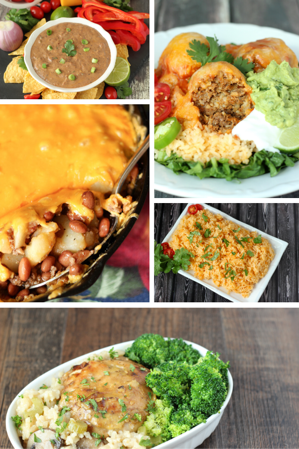 This image is pictures of five different rice and bean recipes. There is a bowl of black bean dip with green onions and chips. There is a plate of taco balls with cheese and guacamole. There is a platter of Mexican rice. And there is a bowl of Chicken and Rice casserole.