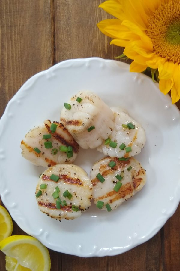 A white plate has 5 sea scallops arranged on it. The scallops are grilled and garnished with chive butter. There are some squeezed lemon wedges in one corner and a sunflower in another.