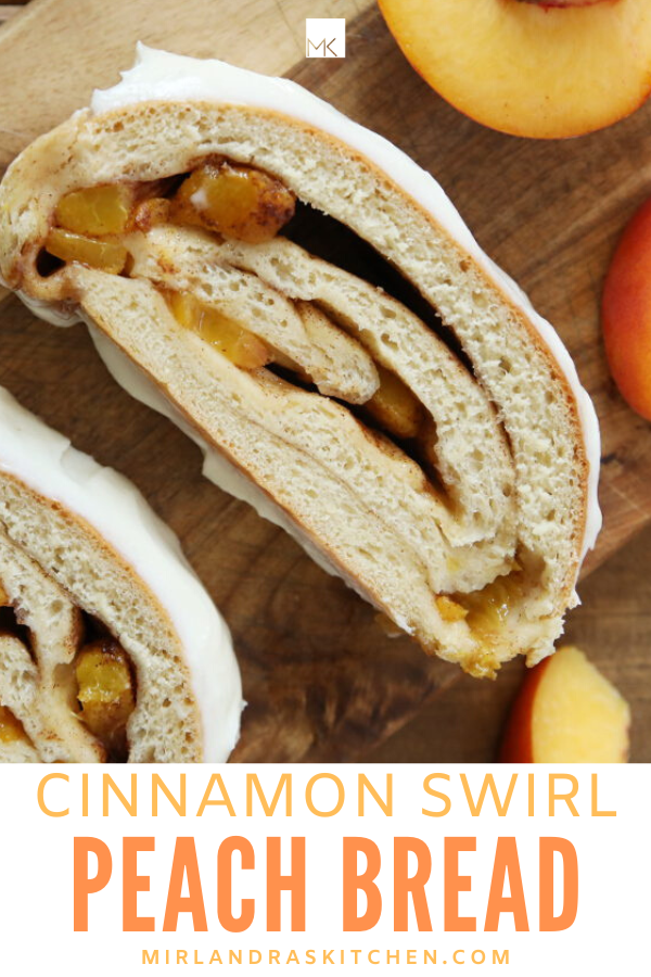 cinnamon swirl peach bread with cream cheese icing promo image
