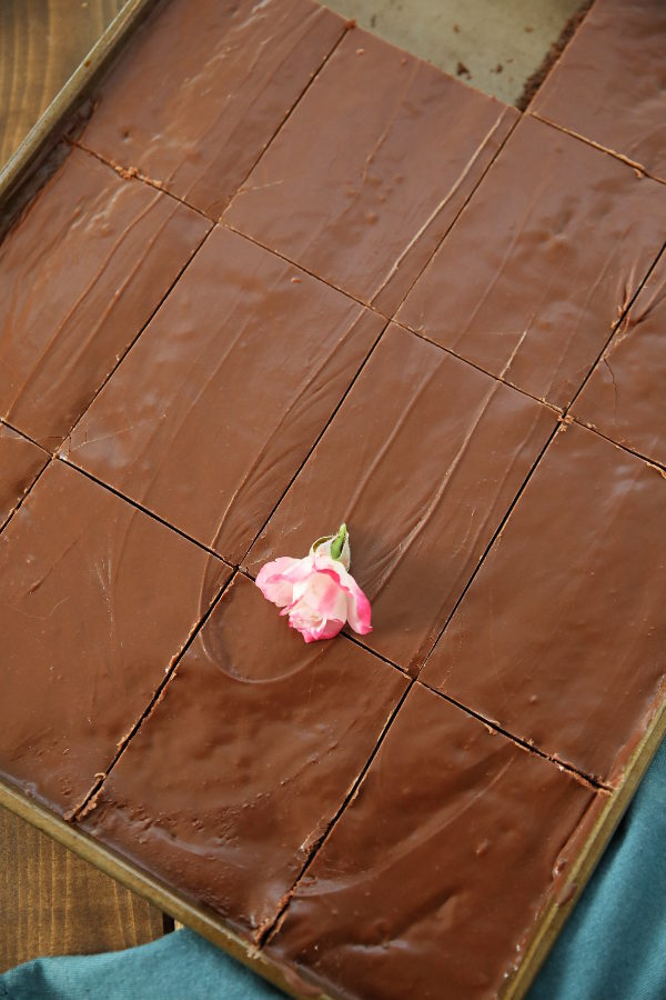 A big sheet pan of Texas Sheet cake is cut up waiting to be eaten. There is a small pink rose on top and a blue tea towel nearby