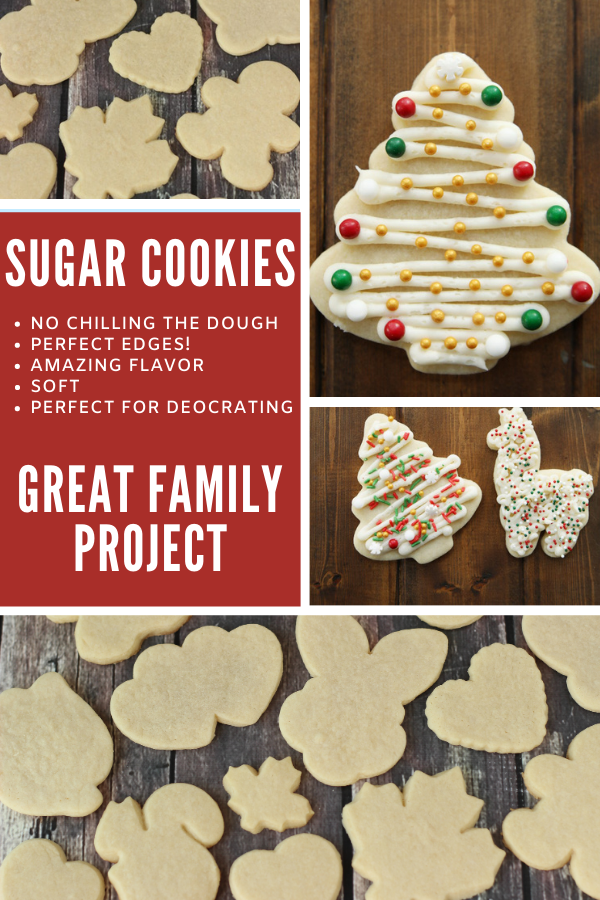 A collage image with decorated cut out sugar cookies, freshly baked sugar cookies, and some promotional writing.