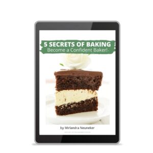 The digital cover of the 5 Secrets of Baking Quick Guide features a big slab of chocolate cake with a vanilla mouse layer.