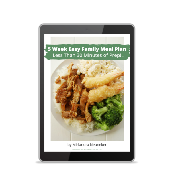 Cover of the 5 Week Family Meal Plan showing a Huli Huli chicken dinner with Mac salad and broccoli.
