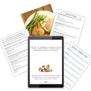 A collection of images showing what is in the digital course Meal Planning Made Easy. You can see worksheets and the course cover on a tablet and some beautiful cooked chicken.