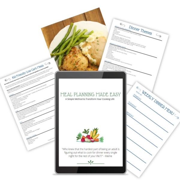 A collection of images showing what is in the digital course Meal Planning Made Easy. You can see worksheets and the course cover on a tablet and some beautiful cooked chicken.