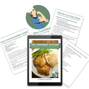 The Confident Kitchen Product Spread showing worksheets from the class and a tasty recipe for crispy chicken thighs.