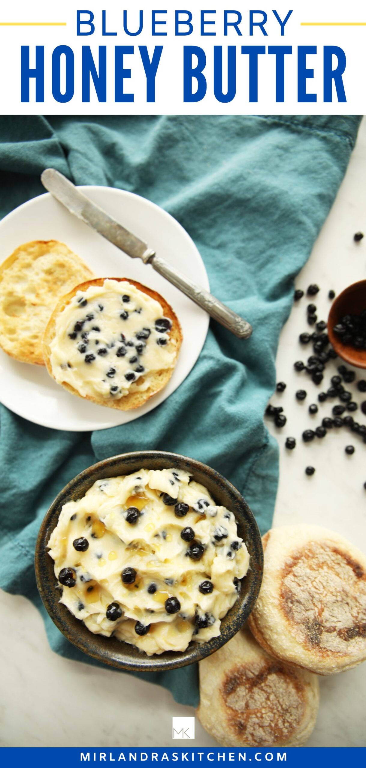 This is a pinterest ready image of blueberry honey butter. There is a bowl of blueberry honey butter and a plate with an English muffin spread with the honey butter. The image says Blueberry Honey Butter on it. 