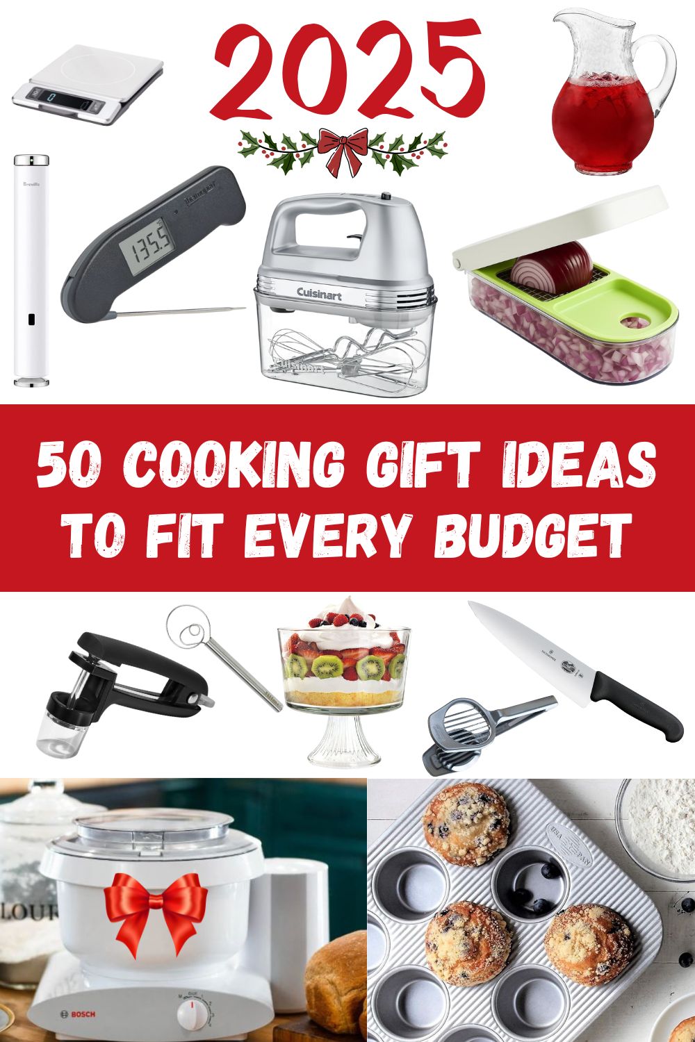 title image with various cooking tools on it such as a knife, cherry pitter, dicer and mushroom slicer