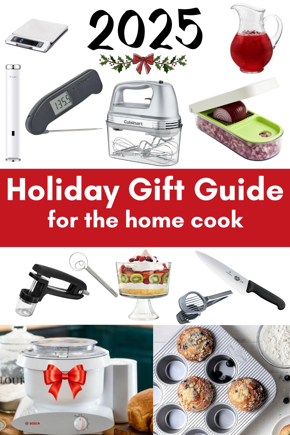 Pinterest image with multiple gifts on it including a hand mixer and onion chopper. This image is intended to be visually descriptive for the holiday gift guide for the home cook.