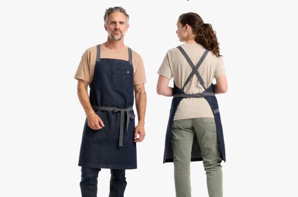 models wearing the hadley and bennet cross back apron