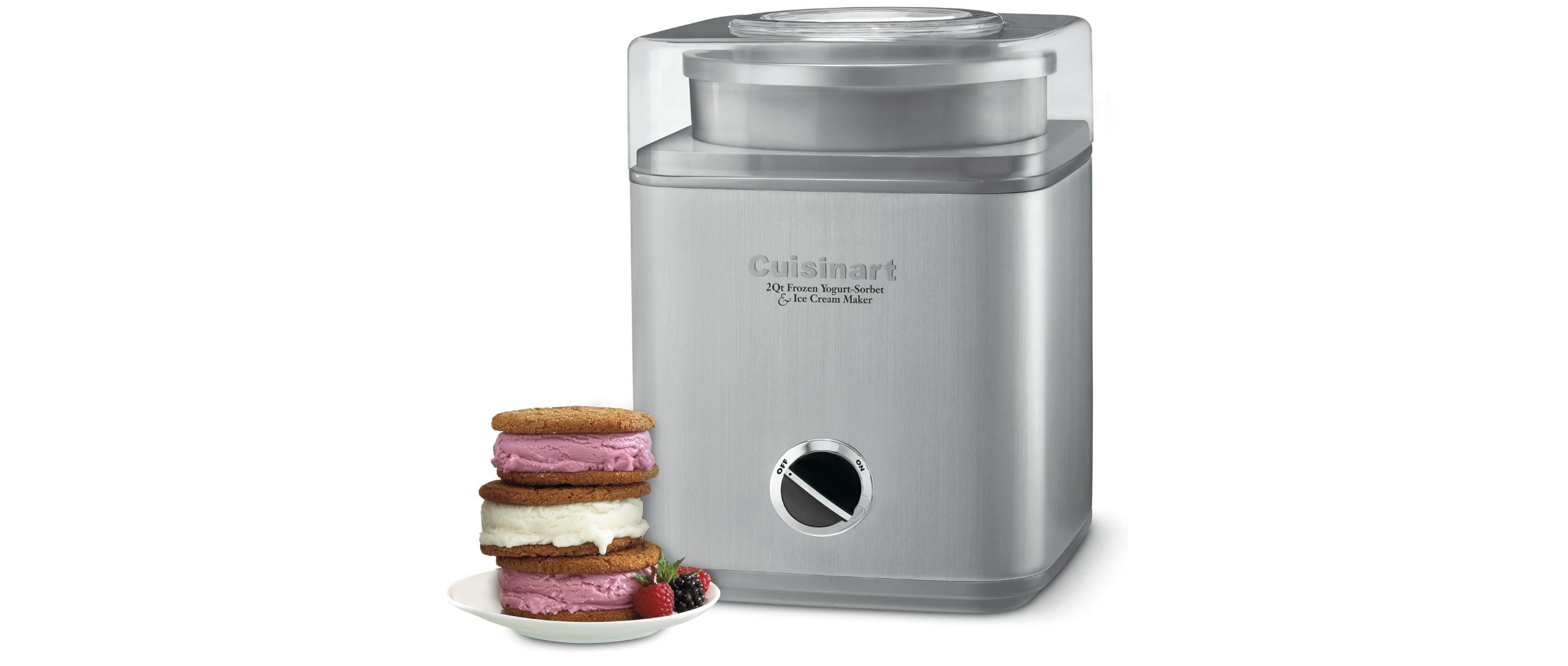 2 quart electric ice cream maker in silver. Photos of ice cream cookies next to it.