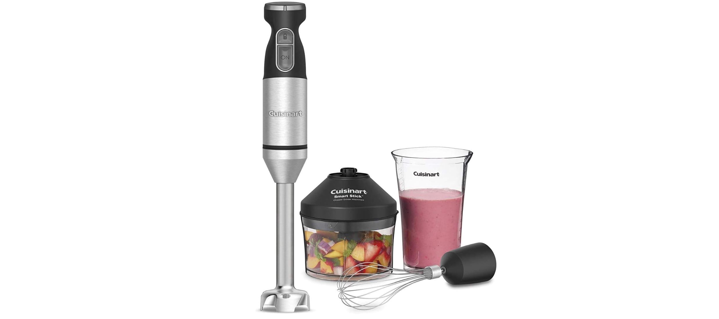 a Cuisinart smart stick hand blender is pictured with a chopper, whisk, and a smoothie
