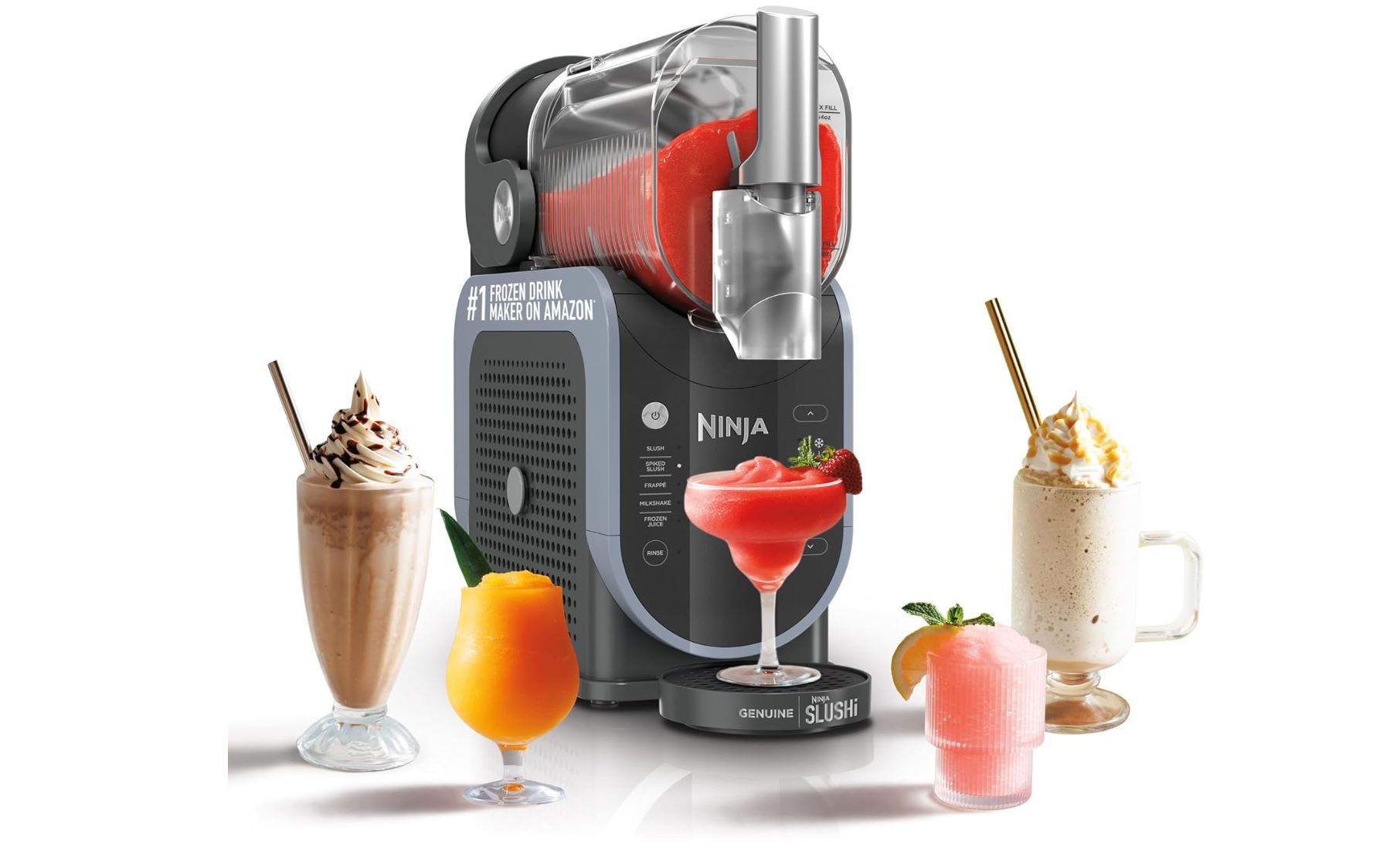 ninja slushi machine pictured with several frozen drinks and some frozen coffees