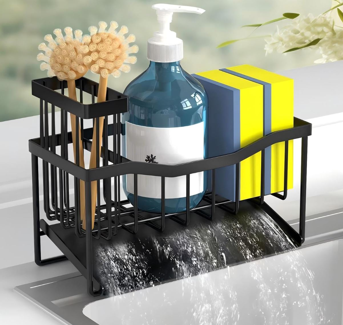 This simple metal sink caddy is pictured with two cleaning brushes for scrubbing, a blue bottle of dish soap and two sponges. 