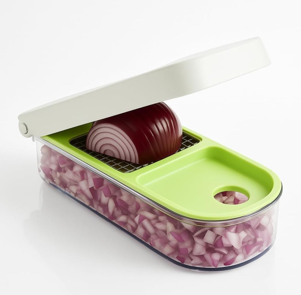 wonderful veggie chopper with a clear box and green chopping plate