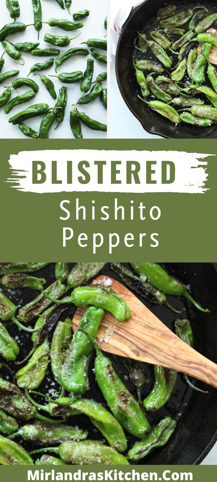 Pinterest promo image with shishito peppers blistering in a cast iron pan and raw on a table. 