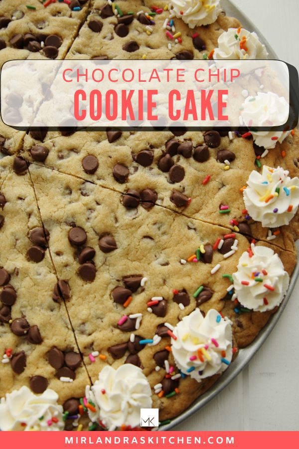 Pinterest image for chocolate chip cookie cake.