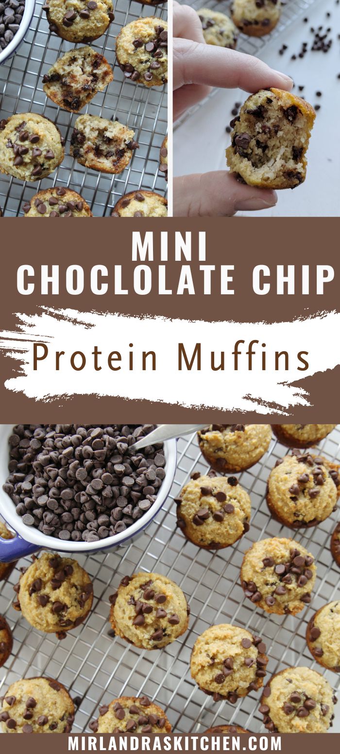 Pinterest image for mini chocolate chip protein muffins. You see the muffins on a wire rack next to a bowl of mini chocolate chips. Text overlays at the for Pinterest.