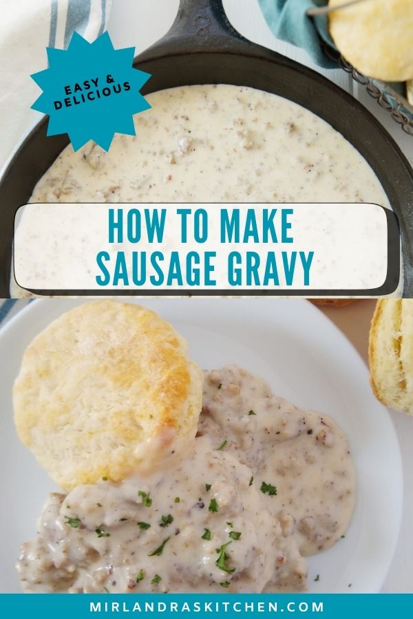 Pinterest image with photos of biscuits and sausage gravy and words.