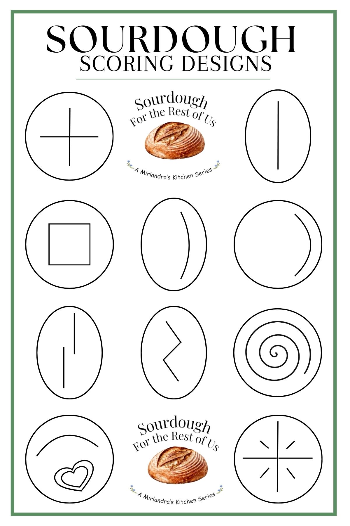 An infographic titled "Sourdough Scoring Designs" featuring 10 simple patterns for round boules and oval batards. The guide illustrates how to score sourdough bread using various sourdough scoring designs, including a cross, a square, a spiral, and a heart.