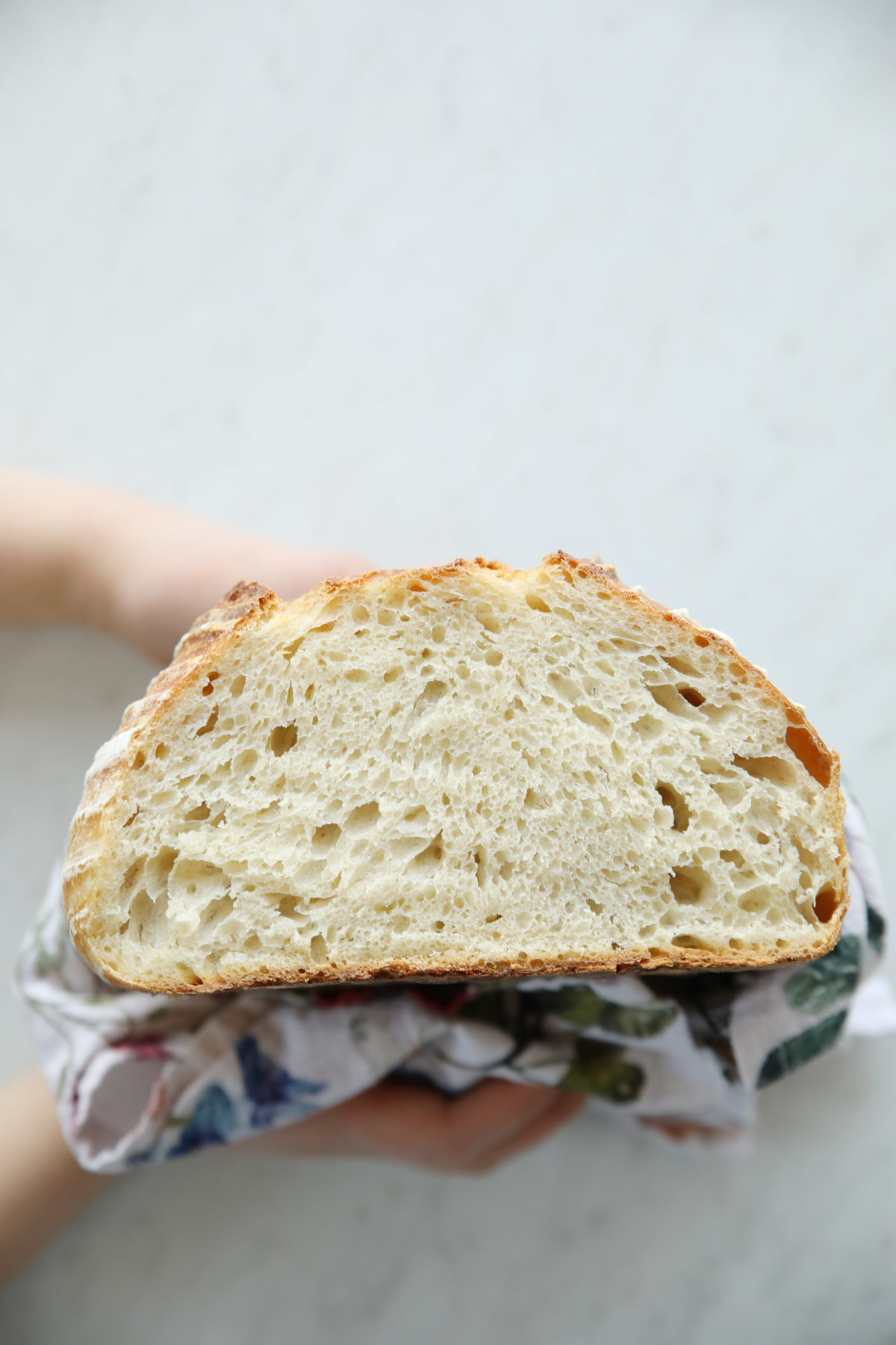 A close-up view of a sliced sourdough loaf, held gently by 7-year-old hands, showing a perfect example of a soft, closed crumb. The soft focus highlights the airy but uniform internal structure, ideal for sourdough for beginners.