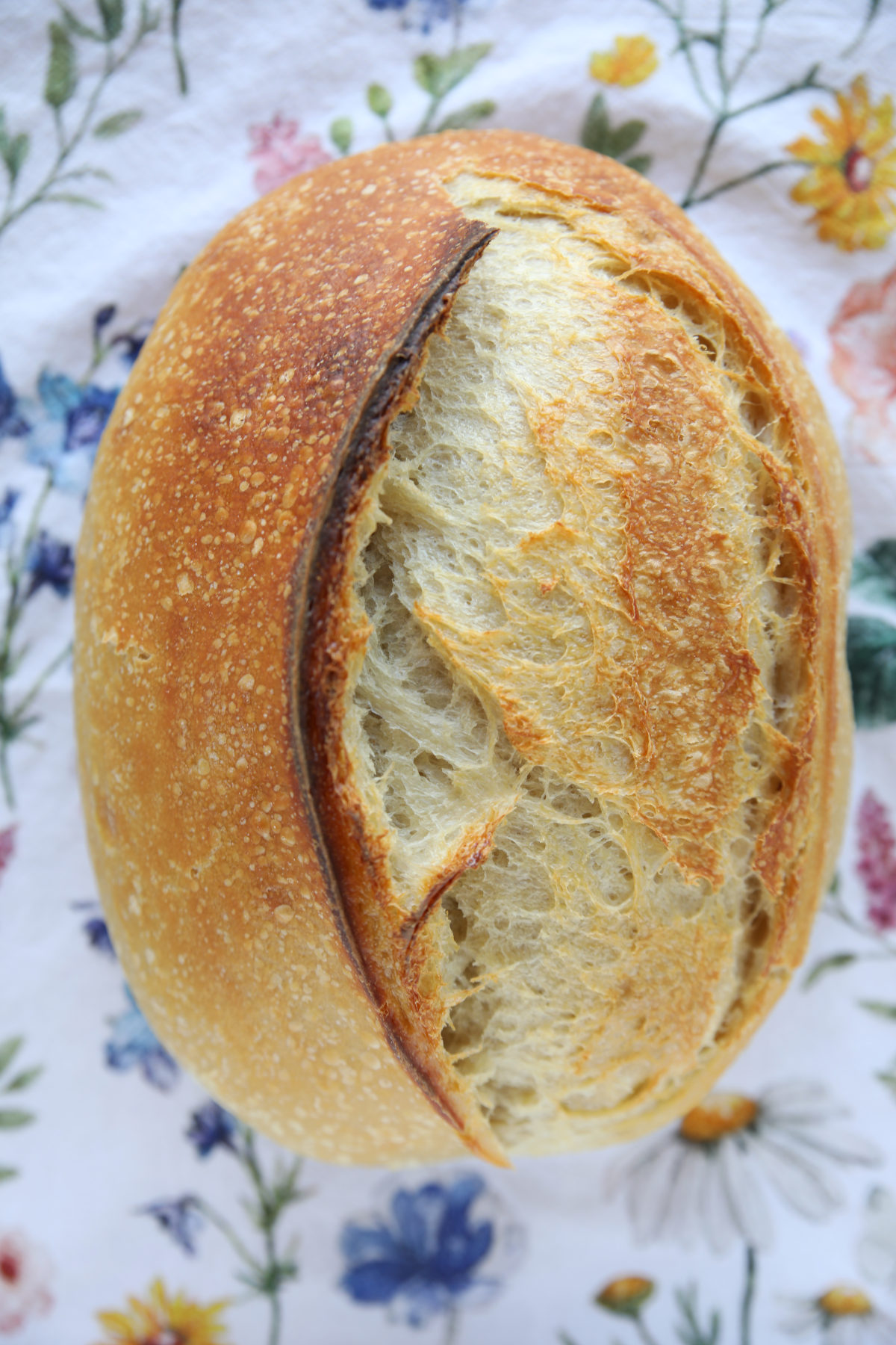 A close-up view of a baked, oblong sourdough batard resting on a white, floral-patterned tea towel. The crust is deeply caramelized golden-brown. A single, dramatic, vertical score runs along the top of the loaf, having expanded into a prominent, dark-brown "ear" with a rustic, rugged texture.
