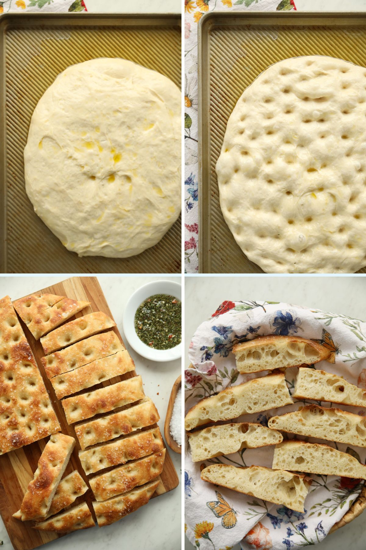 You can see the bread process in four images in a collage here.  First you see the sourdough focaccia dough drizzled with olive oil, light and puffy on the cookie sheet, than an image of the dough dimpled.  Next is sliced bread on a cutting board and finally sourdough focaccia bread sliced on a tea towel. 
