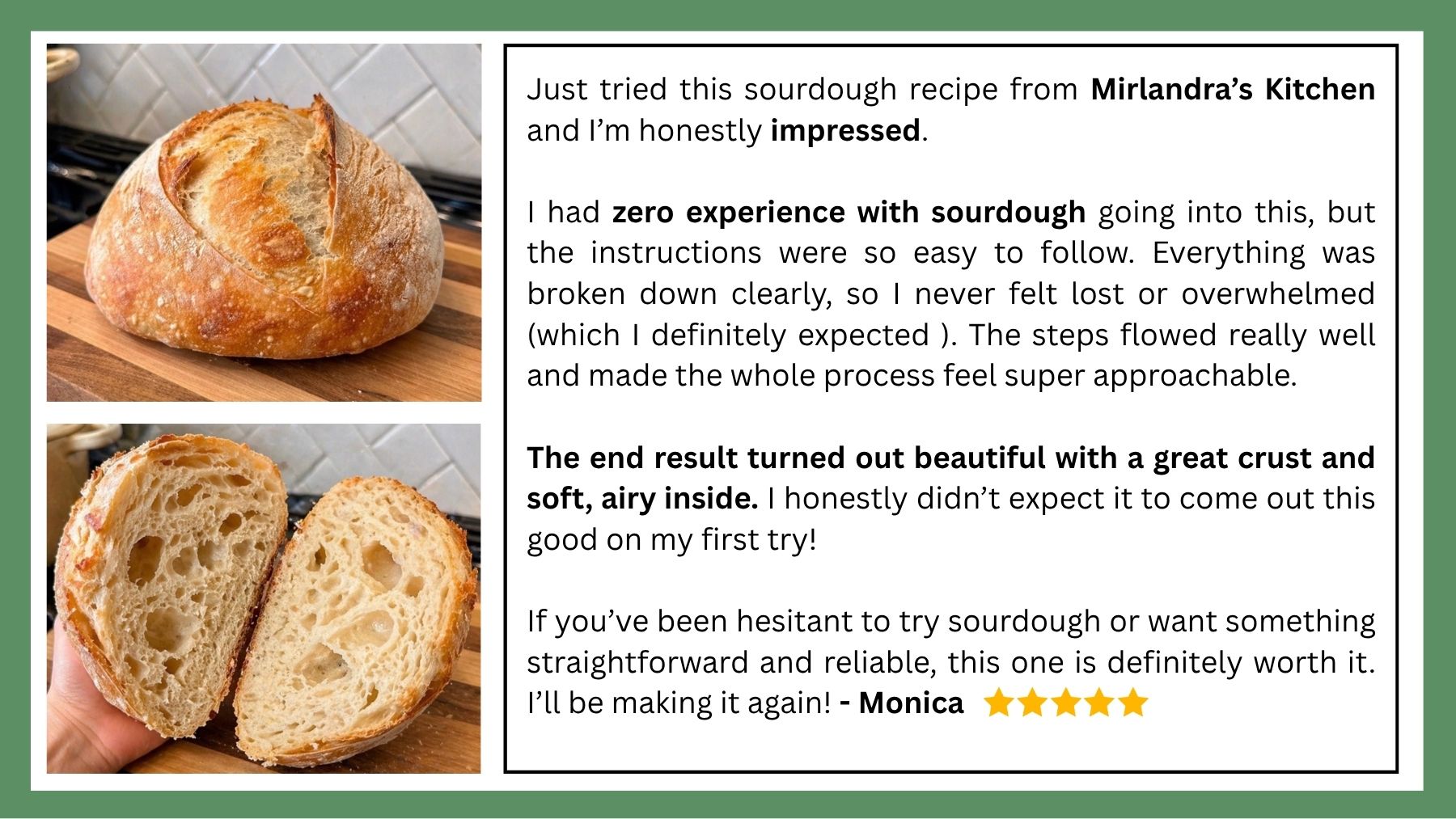 One reader shares her amazing five star experience baking this easy sourdough bread recipe. She shared a loaf shot and a crumb shot of the bread.
