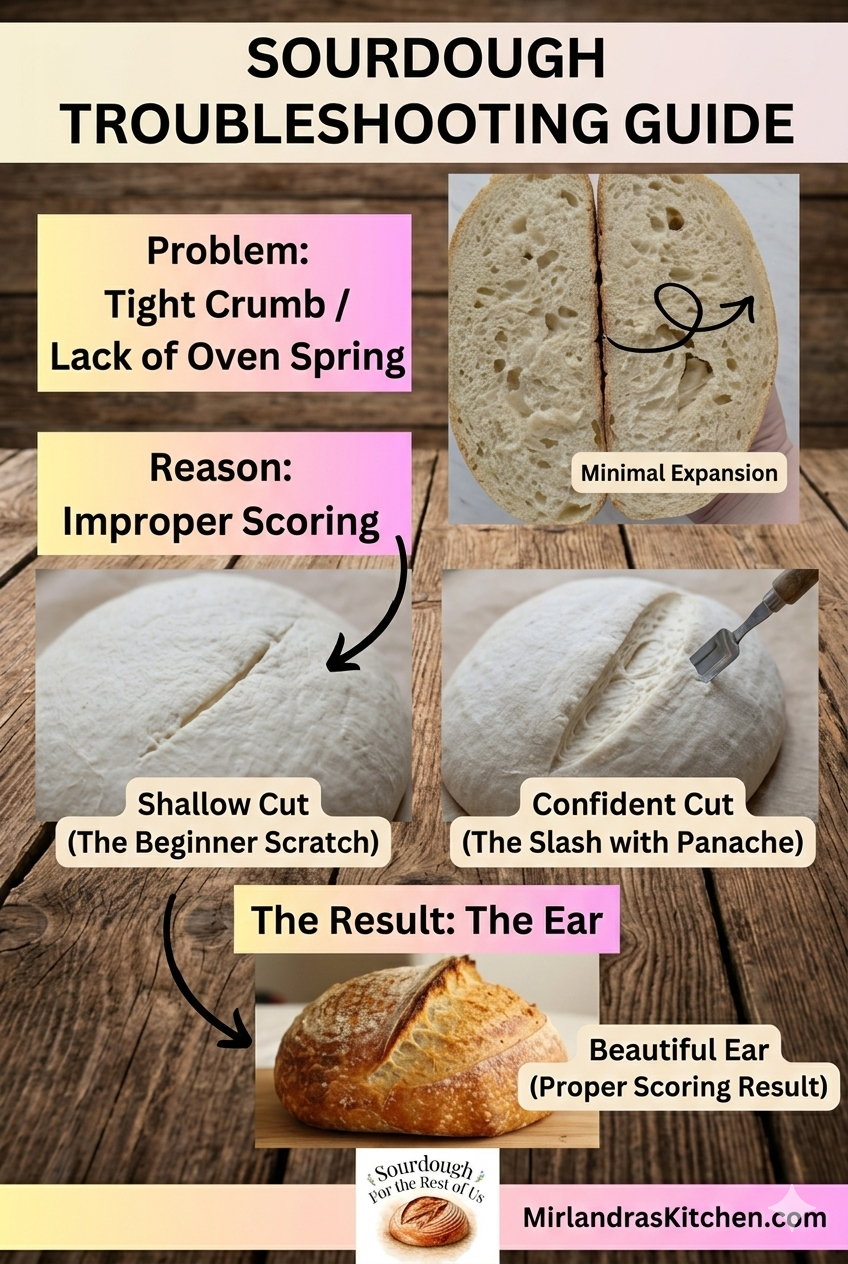 Sourdough troubleshooting infographic showing a comparison between a tight-crumb loaf caused by improper scoring and a successful loaf with a beautiful ear achieved by a deep, confident "slash with panache." 