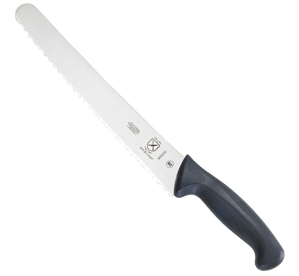 Mercer bread knife with black plastic handle and scalloped serrated edge.