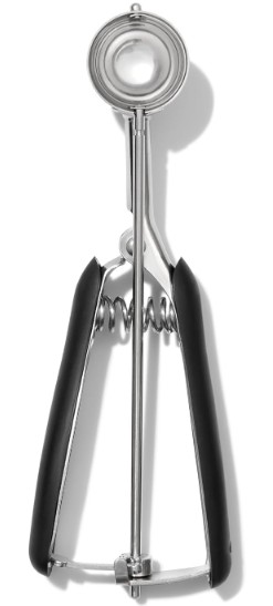 OXO medium cookie scoop with black handle.
