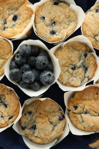 Sourdough discard blueberry muffins with crispy sugar tops arranged on a blue linen napkin, with a small bowl of fresh blueberries in the center.